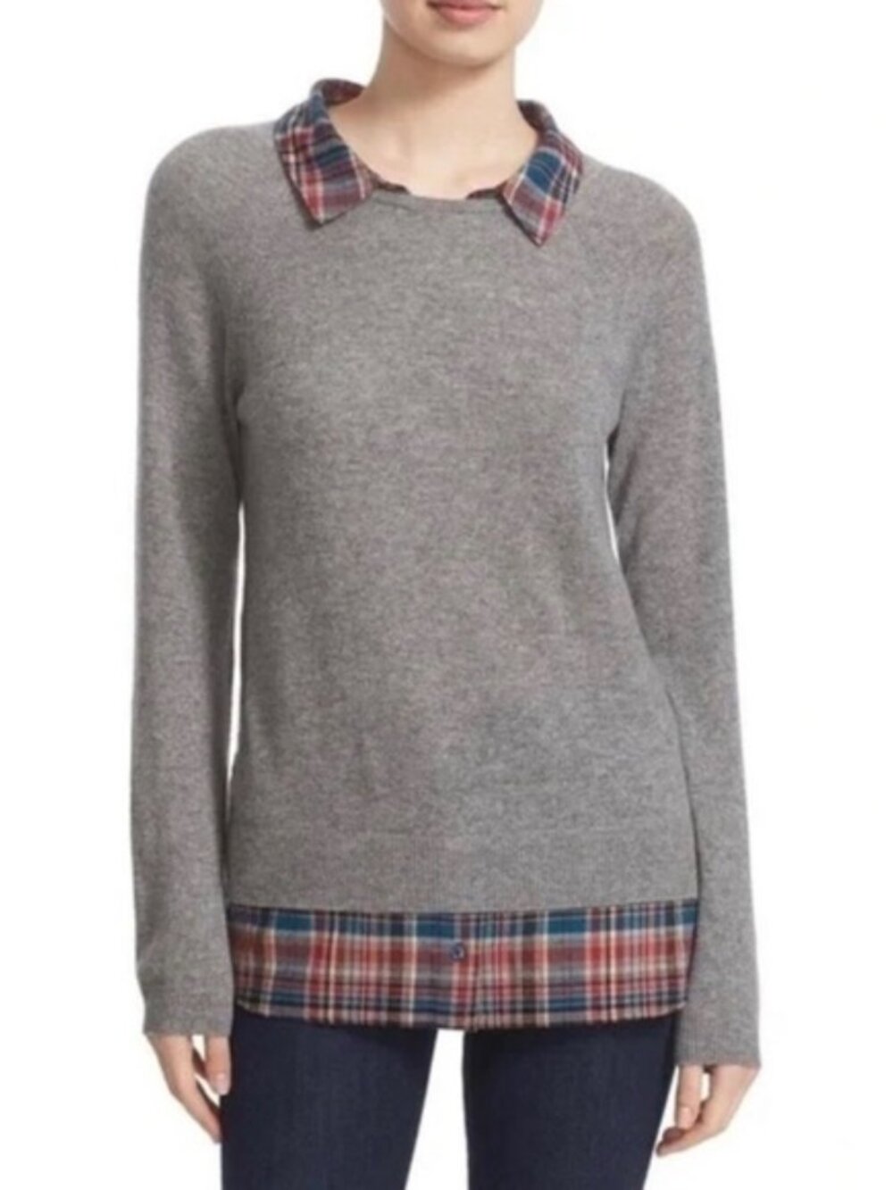 JOIE Zaan F Gray Cashmere Layered Plaid Twofer Sweater Size Small